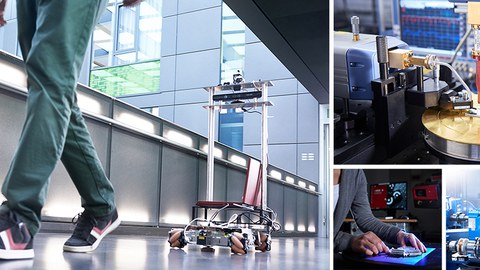 Collage aus vier Fotos. Links folgt ein Roboter einem Mann. Rechts oben ist ein Demonstrator aus der Hochfrequenztechnik abgebildet. Links darunter richtet eine Person eine Probe für den 3D-Scan aus.Rechts daneben schraubt eine Person an einem Kegelprüfs