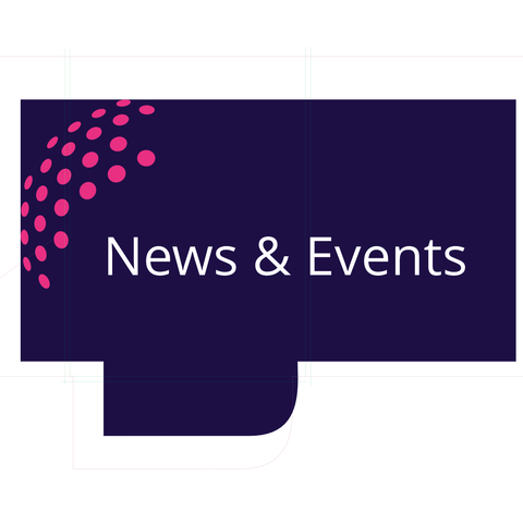Text "News & Events" in weißer Schrift in blauer stilisierter Sprechblase
