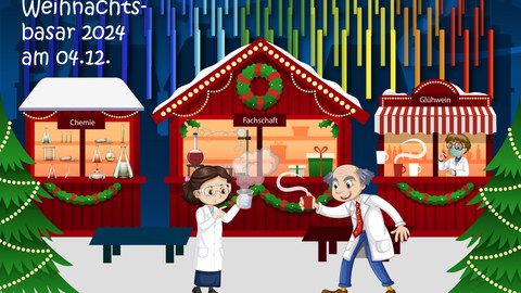 künstlerische Darstellung einer Weihnachtsmarktszene mit drei Personen im Stil von Chemikern
