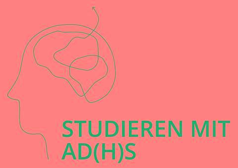 Logo- Studieren mit AD(H)S: Schriftzug der Institution, darüber ein Kopf gezeichnet mit einer Linie, die in ein Gehirn übergeht und einem Pfeil der nach oben zeigt.